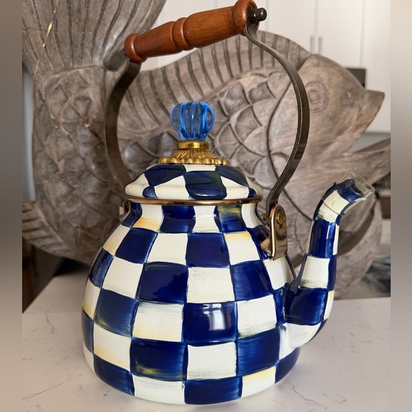 MacKenzie-Childs Other - New MacKenzie Childs 2 quart Enameled Whistle Tea Kettle Courtly Blue check